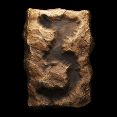 Rocky number 3. Font of stone isolated on black background. 3d