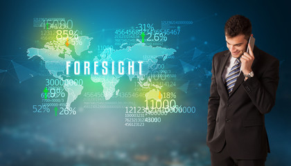 Businessman in front of a decision with FORESIGHT inscription, business concept