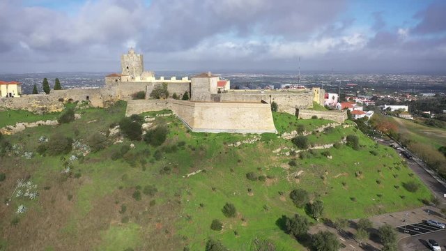Aerial view footage of circling around Palmela castle in Portugal