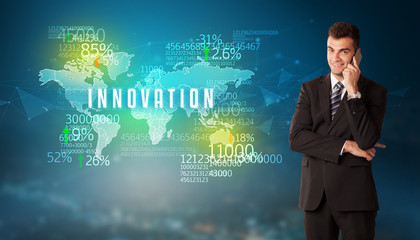 Businessman in front of a decision with INNOVATION inscription, business concept