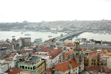 Fototapeta na wymiar View of Istanbul from the Galata tower on bridges to the Bosphorus Bay January 2020