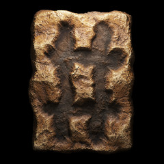 Rocky symbol hash. Font of stone isolated on black background. 3d