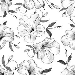 Monochrome seamless floral pattern. White with black outline flowers petunia and dark leaves on white.Hand drawn. For fabric, textile, wallpaper, wrapping paper, packaging. Vector stock illustration.