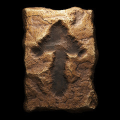 Rocky symbol up arrow. Font of stone isolated on black background. 3d