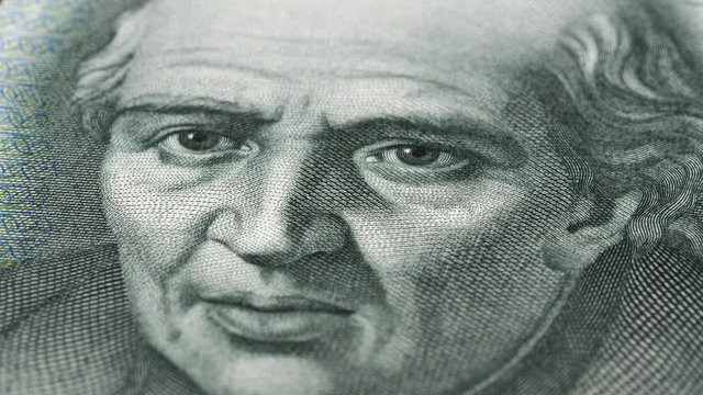 Miguel Hidalgo portrait on Mexico 10 pesos (1974) banknote rotating. Father of Mexican independence. Low angle, macro. 4K, 422 10 bit