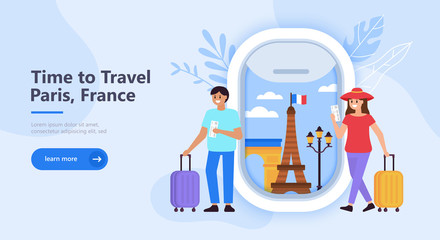Travel to Paris, France concept with landmark icons, tourist characters and airplane window. Flat cartoon vector illustration