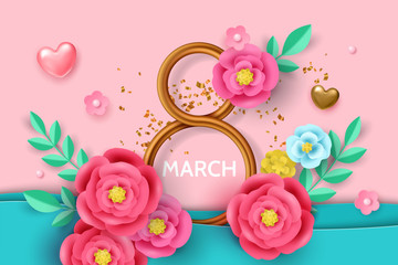 8 March International women's day banner template for social media advertising, invitation or poster design with paper art cut flowers.