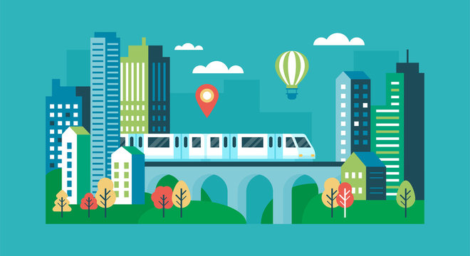 City concept with modern buildings and railway train. Minimal cityscape scene with skytrain. Flat cartoon vector illustration