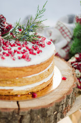 Handmade brown biscuit cake decorated with garnet with cream
