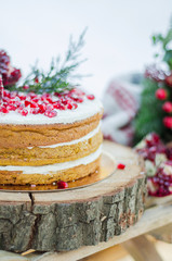 Handmade brown biscuit cake decorated with garnet with cream