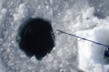 Looking down the fishing line of the ice fishing rod over the ice fishing hole. 