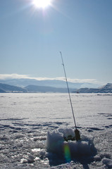 The lone solo pole out o the lake out in the frozen utah mountain lake. 