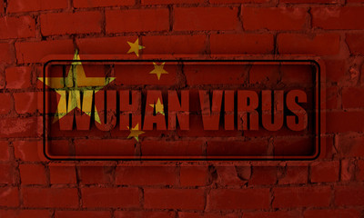 Stamp with Wuhan virus text. Medical science relative theme. 3D rendering. Flag of the China