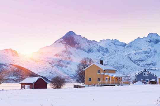 Norway Winter Landscape,  Skulsfjord Village, Tromso, Kvaloya Islands, Norway