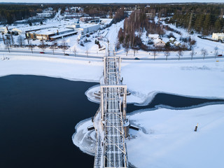 Aerial view of the railway bridge over Pielisjoki river in Joensuu, Finland.