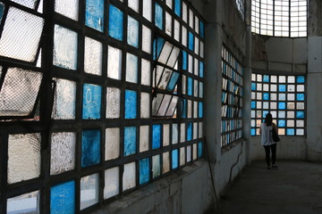 White and Blue windows in old factory