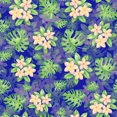 Watercolor illustration, tropical pattern with monstera leaves and plumeria flowers seamless background