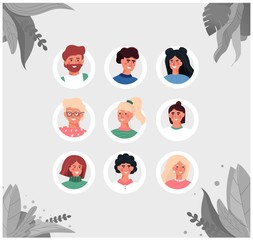 Set of portraits of different people in a flat cartoon style hand in frames - young happy women and men of different concepts for avatars isolated on a background of leaves.