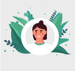 Portrait in a white frame for an avatar of a cheerful happy young man with long brown hair around leaves. Flat or cartoon illustration in hand style vector.