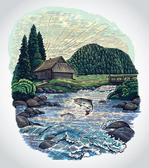 Plakaty  Wiejski krajobraz w stylu graficznym, z chatą i górską rzeką oraz skaczącą rybą.