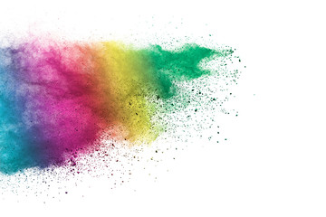 Abstract powder splatted background. Colorful powder explosion on white background. Colored cloud. Colorful dust explode. Paint Holi.