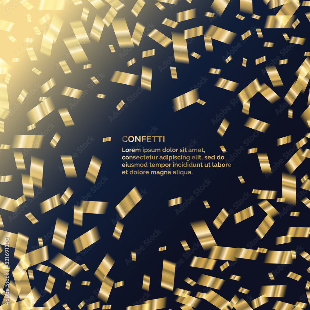 Poster gold confetti is falling. abstract background with particles. template for placing text for the cele