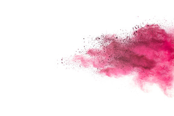 Pink powder explosion on white background. Paint Holi.