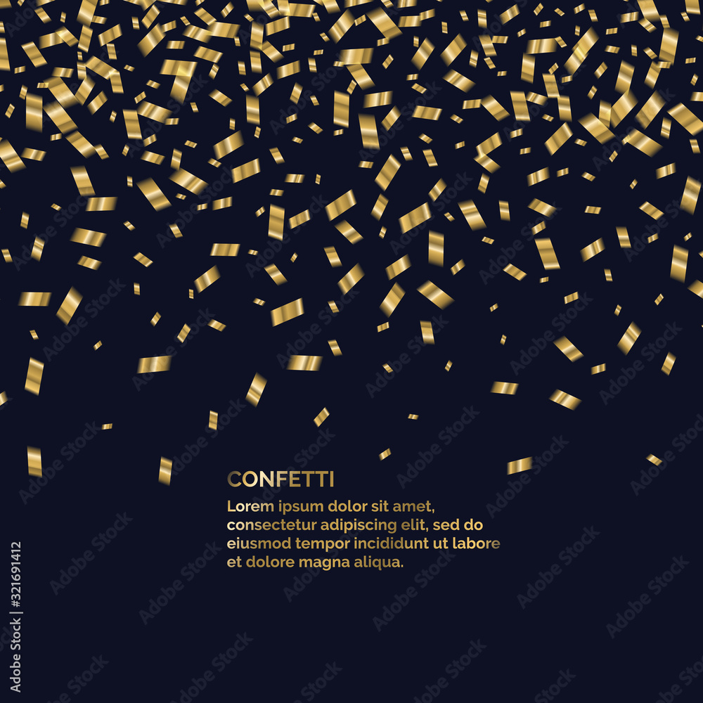 Poster gold confetti is falling. abstract background with particles. template for placing text for the cele