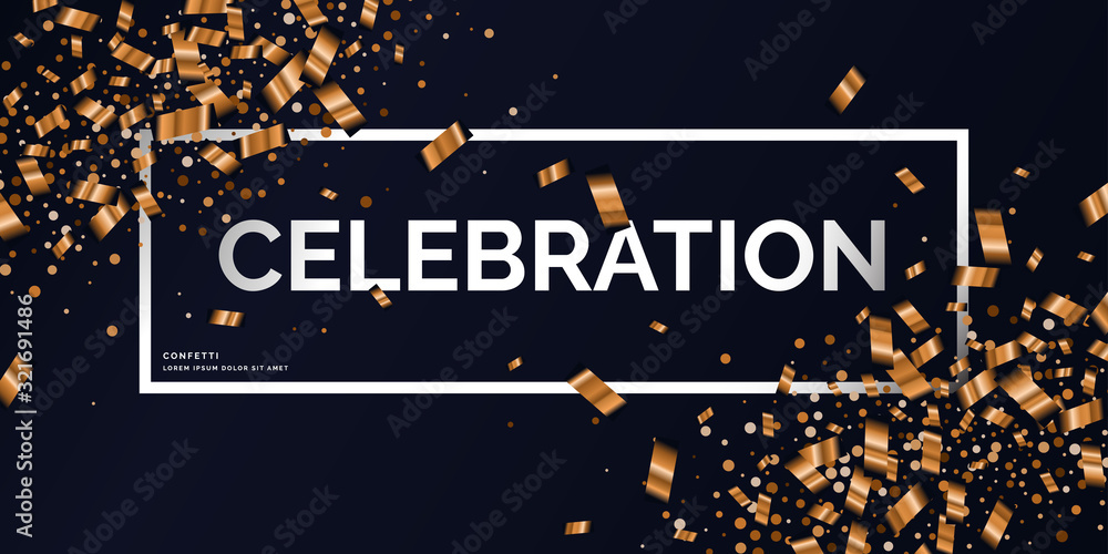 Poster gold confetti is falling. abstract background with particles. template for placing text for the cele