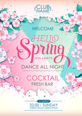 Spring party poster with full blossom flowers. Spring flowers background