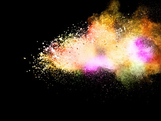 Abstract multicolor powder on black background. holi festival.