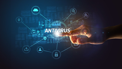 Hand touching ANTIVIRUS inscription, Cybersecurity concept