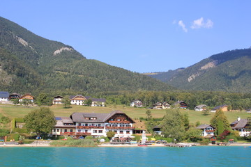 Fototapeta na wymiar lakeside village in mountains