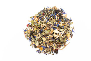 Herbal tea on a white background. Top view.