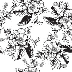 Hand draw flower with leaves dotted seamless pattern