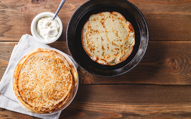 Stack of russian pancakes blini