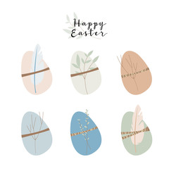 Vector gentle set for Easter holiday. Cute easter eggs with feathers, branch and leaves. Eco decoration. Perfect for textile, wrapping paper, packaging design, card, invitation
