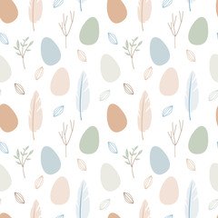 Vector seamless gentle pattern for Easter holiday. Cute easter eggs, feathers, seeds. Perfect for textile, wrapping paper, packaging design, card, invitation