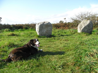 Boscawen-Ûn Stone Circle(grid reference SW412273)  close to St Buryan in Cornwall, UK. 2012 August. This magical stone circle is a Bronze Age with a slanted standing stone in the center.