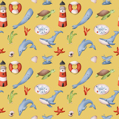 Digital children's book illustration pattern marine striped red-white lighthouse, lifebuoy, whales, turtle, hello sea. Print for fabrics, cards, banners, posters, clothes.