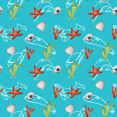 Naklejka na ściany i meble Digital children's book illustration pattern of seaweed, corals, shells, starfish on a blue background. Print for fabrics, cards, banners, posters, clothes.