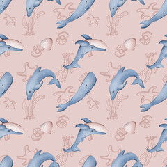 Digital children's book illustration pattern of marine soft blue whales, dolphin and sperm whale on a pink background. Print for fabrics, cards, banners, posters, clothes.