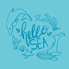 Digital illustration square banner postcard with the inscription hello sea, coral, algae, starfish on a blue background. Print for posts, fabrics, packaging, paper, bags, web design.