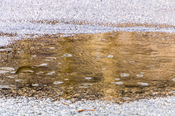 Fototapeta na wymiar Rain falls on the road and creats puddles. Calgary, Alberta, Canada