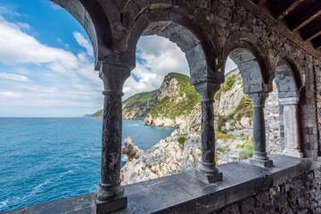 Ligurian coast. View from the old fortress arch in Portovenere town, Italy