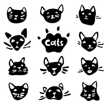Cute black and white cats head set with cartoon emotions and lovely faces. Funny characters on white background. Vector illustration and doodle flat design. Clipart stock black and white icons.