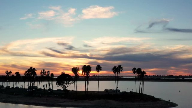 Fiesta Island Park, California - The Beautiful Scenery Of Tall Palm Trees and Calm Sea During Golden Hours  - Wide Shot