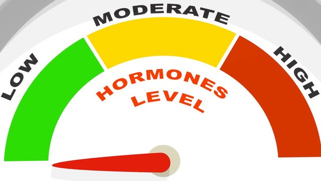 Hormone meter read high level result. Color scale with arrow from red to green. The measuring device. Colorful infographic gauge element. 3D rendering