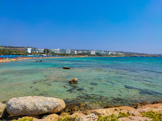 Ayia Napa, Cyprus - September 07, 2019:  The cyprian beach during high season