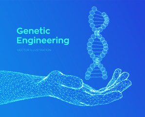 DNA sequence in hand. Wireframe DNA molecules structure mesh. DNA code editable template. Science and Technology concept. Vector illustration.